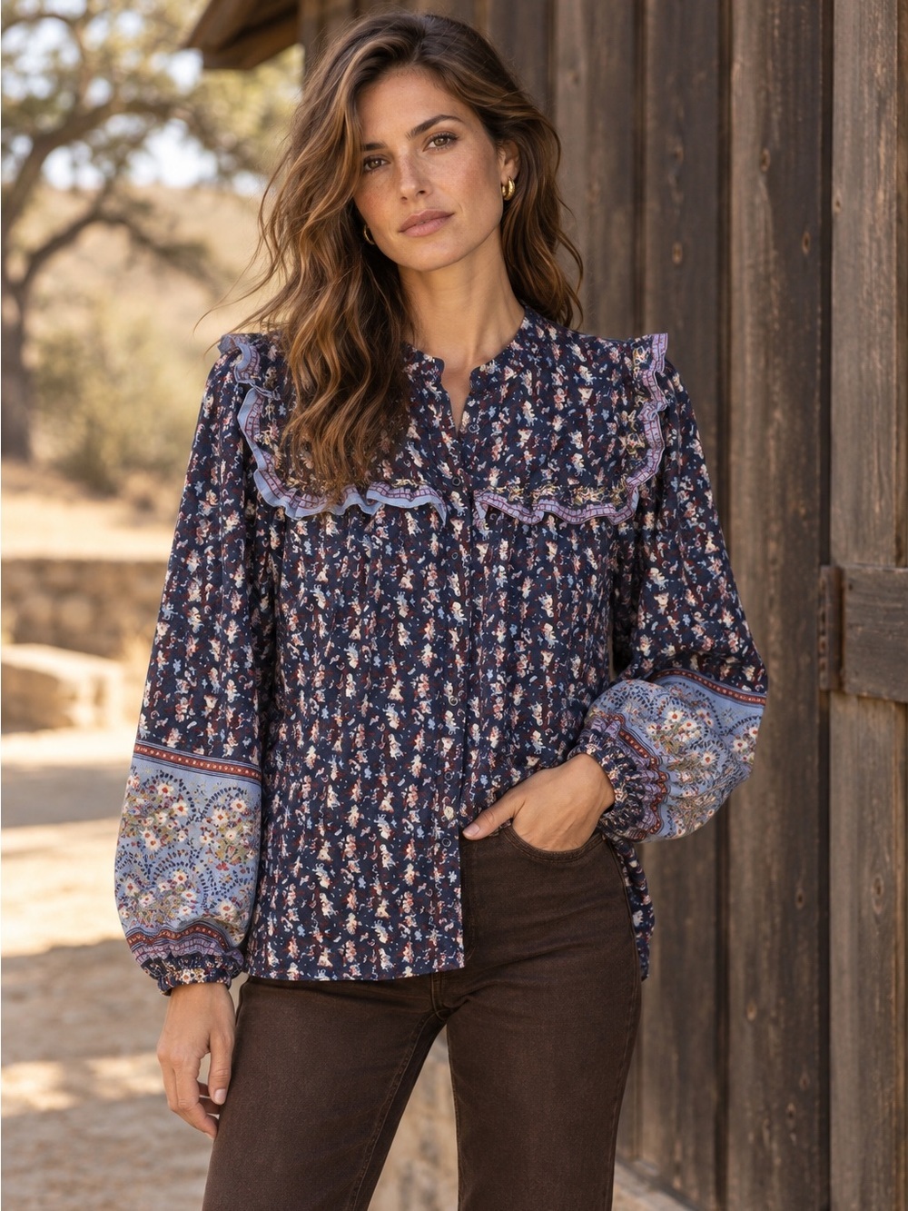 Joie Floral Ruffle Yoke Button Front Cotton Blouse Navy Blue XL